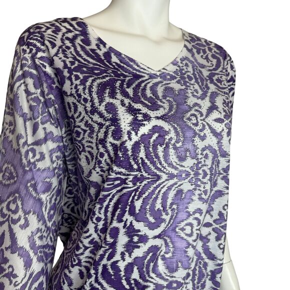 CHICOS Size 1 US M Purple & White Paisley Print Knit Top Rhinestone Trim - Picture 7 of 14